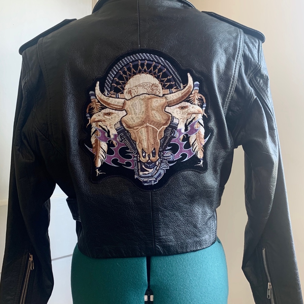 100% Leather Cropped Motorcycle Jacket w/Patchwork
